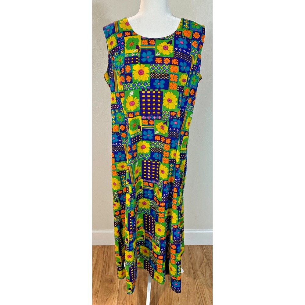 Vintage 1960s 1970s Maxi Dress Floral Geometric Bright Print Flower Power 14/16